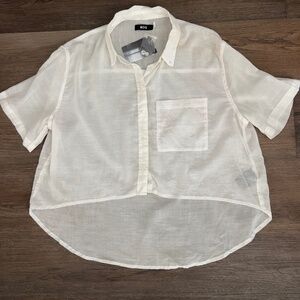 NWT BDG Urban Outfitters white cotton blouse sz S button up pocket sheer hi low